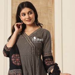 Noori Nights Black Printed Anarkali Suit Set with Dupatta