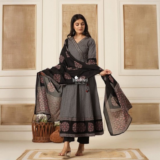 Noori Nights Black Printed Anarkali Suit Set with Dupatta
