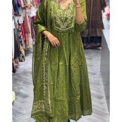 Royal Elegance Embroidered Anarkali – Olive Green