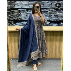 Printed Anarkali Set-Navy Blue