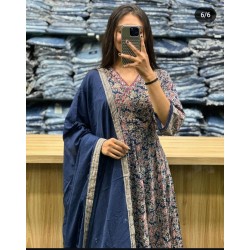 Printed Anarkali Set-Navy Blue