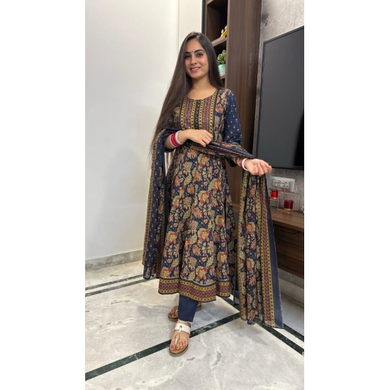 Anarkali Cotton suit set with dupatta-Navy Blue  Anarkali Cotton suit set with dupatta-Navy Blue