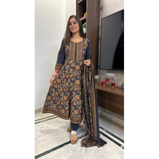 Anarkali Cotton suit set with dupatta-Navy Blue  Anarkali Cotton suit set with dupatta-Navy Blue