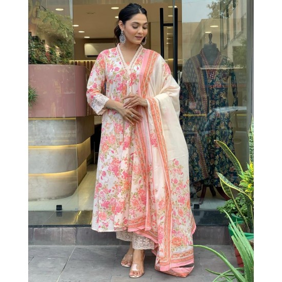 Printed Anarkali Suit with Dupatta – Off White