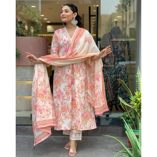Printed Anarkali Suit with Dupatta – Off White