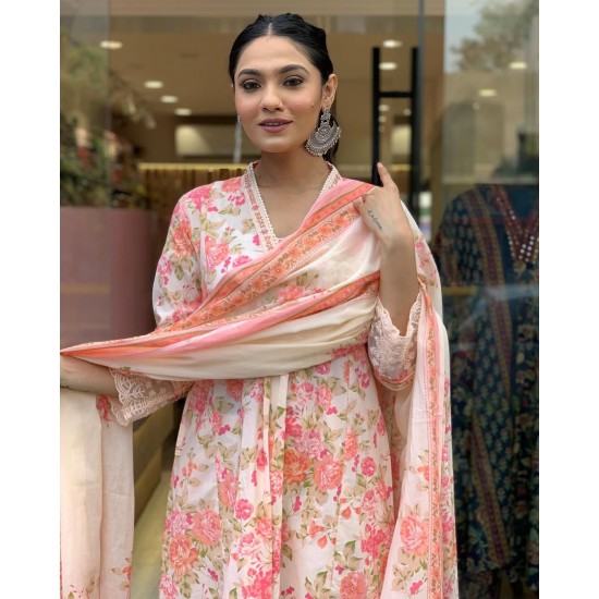 Printed Anarkali Suit with Dupatta – Off White