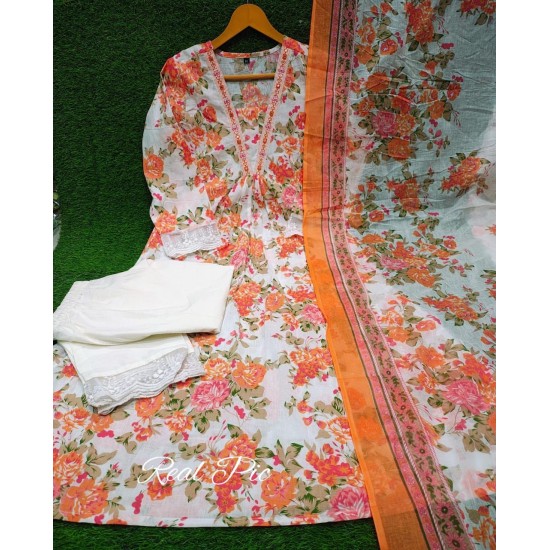 Printed Anarkali Suit with Dupatta – Off White