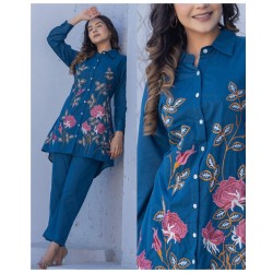 Royal Blue Rose Garden Embroidered Co-ord Set