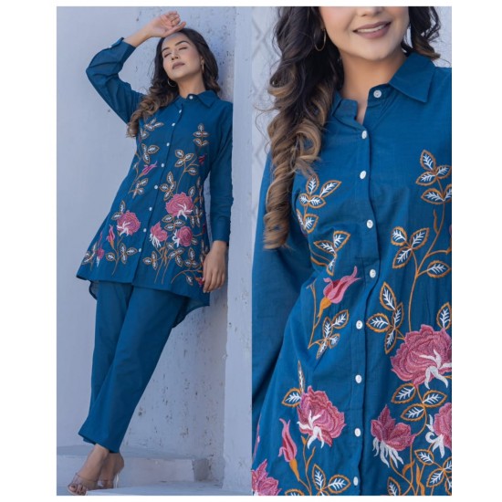 Royal Blue Rose Garden Embroidered Co-ord Set