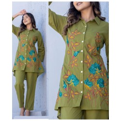 Olive Green Floral Embroidered Co-ord Set