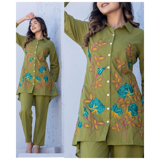 Olive Green Floral Embroidered Co-ord Set Olive Green Floral Embroidered Co-ord Set