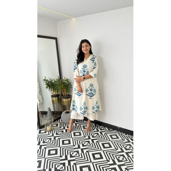 Ivory Blue Floral Cotton Kurta Set
