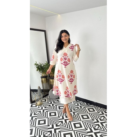 Ivory Blue Floral Cotton Kurta Set