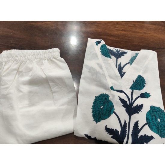 Ivory Blue Floral Cotton Kurta Set