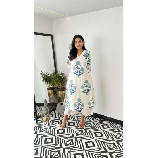 Ivory Blue Floral Cotton Kurta Set