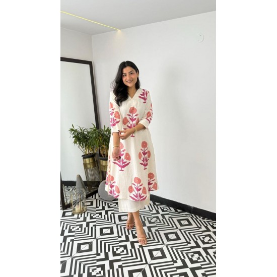 Ivory Blue Floral Cotton Kurta Set