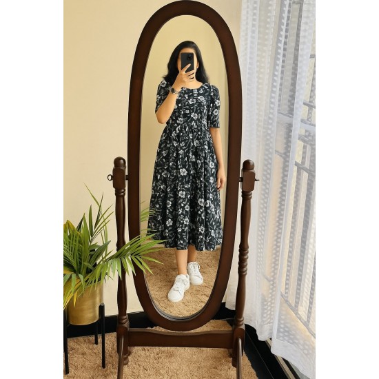 Black Floral Puff Sleeve Midi Dress