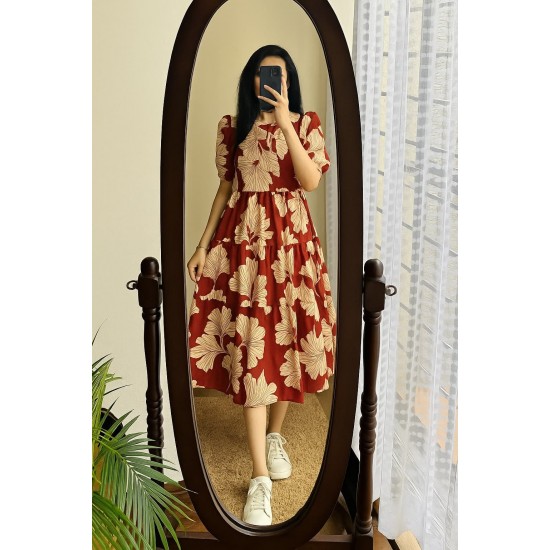 Rust Red Floral Fit & Flare Midi Dress