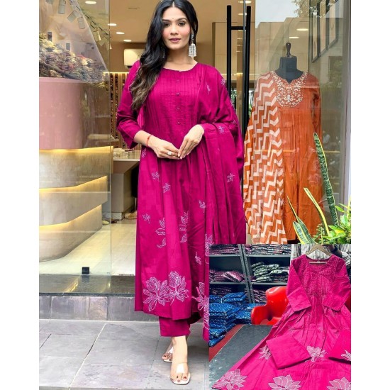 Magenta Embroidered Cotton Suit