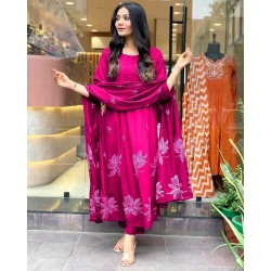 Magenta Embroidered Cotton Suit