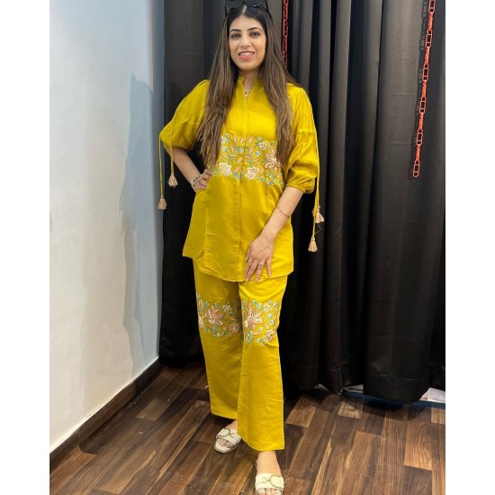 Mustard Bloom Embroidered Kurti   Set