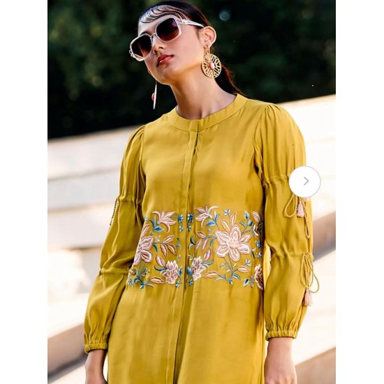 Mustard Bloom Embroidered Kurti   Set