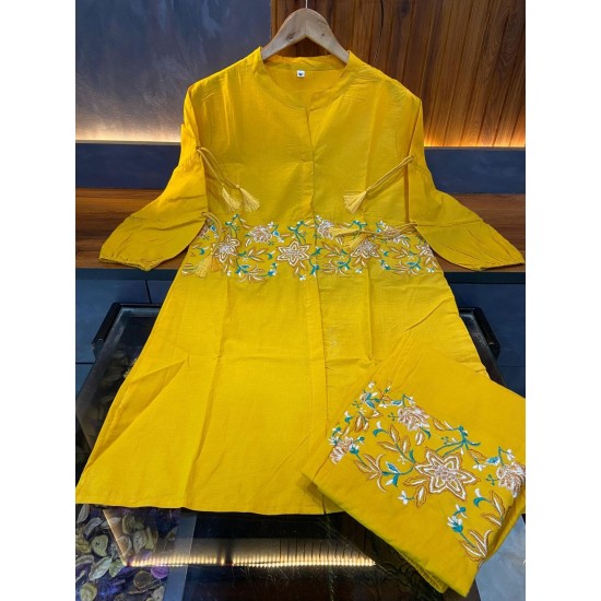 Mustard Bloom Embroidered Kurti   Set