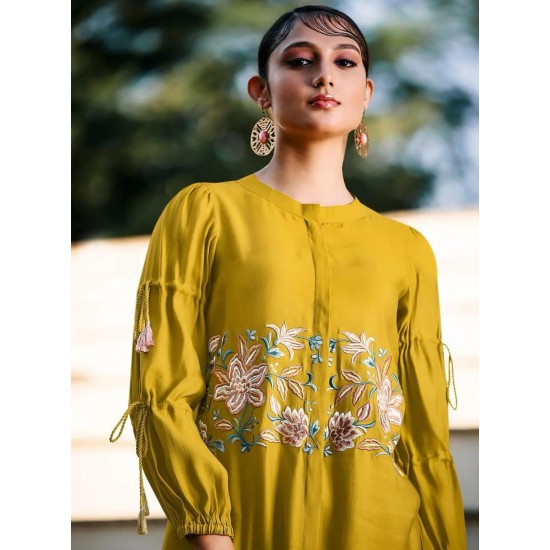 Mustard Bloom Embroidered Kurti   Set
