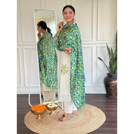 Pure Chikankari Cotton Kurta Set with Ikat Dupatta