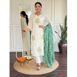 Pure Chikankari Cotton Kurta Set with Ikat Dupatta Pure Chikankari Cotton Kurta Set with Ikat Dupatta