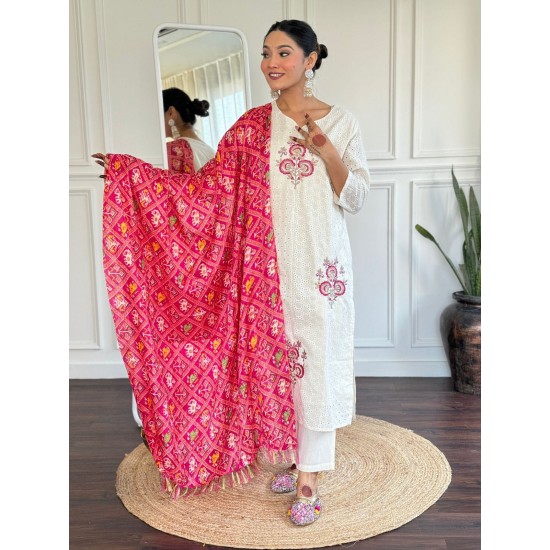 Pure Chikankari Cotton Kurta Set with Ikat Dupatta
