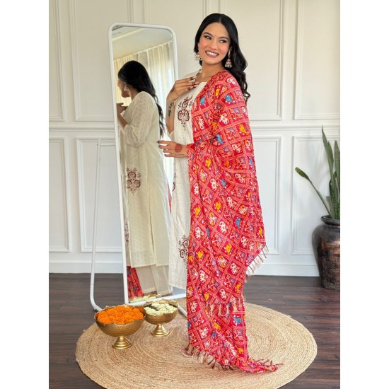 Pure Chikankari Cotton Kurta Set with Ikat Dupatta