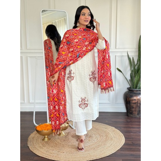 Pure Chikankari Cotton Kurta Set with Ikat Dupatta