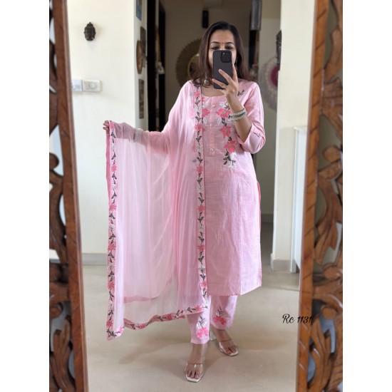  Blush Pink Embroidered Cotton Suit Set 