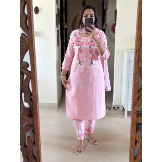  Blush Pink Embroidered Cotton Suit Set 
