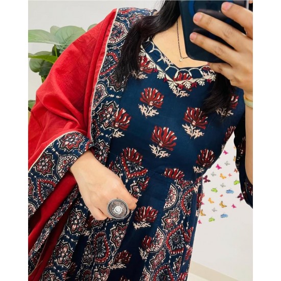 Indigo Maroon Ajrakh Printed Cotton Suit Set