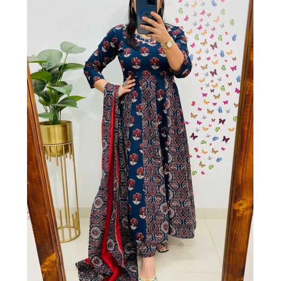 Indigo Maroon Ajrakh Printed Cotton Suit Set