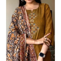 Mustard Handwork Suit Set with Floral Dupatta