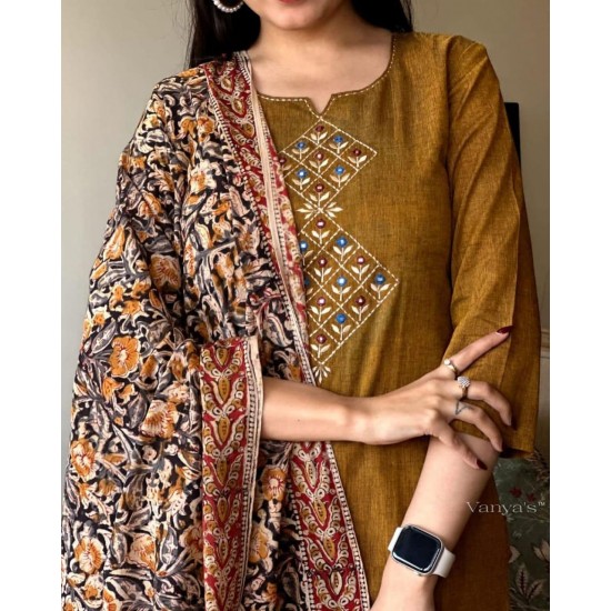 Mustard Handwork Suit Set with Floral Dupatta Mustard Handwork Suit Set with Floral Dupatta