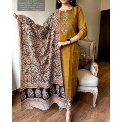 Mustard Handwork Suit Set with Floral Dupatta
