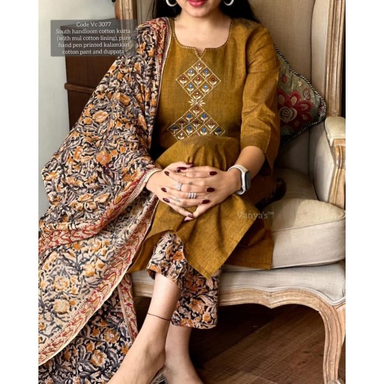 Mustard Handwork Suit Set with Floral Dupatta Mustard Handwork Suit Set with Floral Dupatta