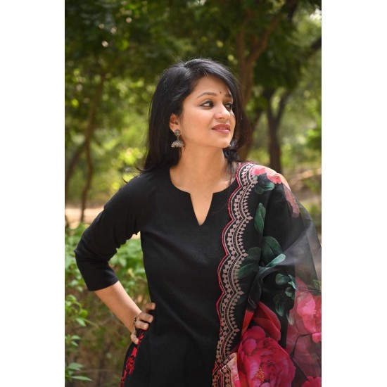 Elegant Black A-Line Cotton Suit with Floral Dupatta
