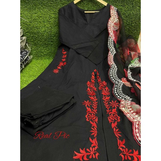Elegant Black A-Line Cotton Suit with Floral Dupatta