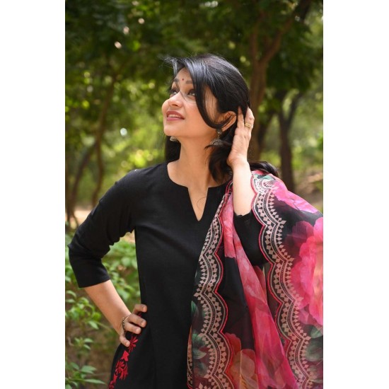 Elegant Black A-Line Cotton Suit with Floral Dupatta