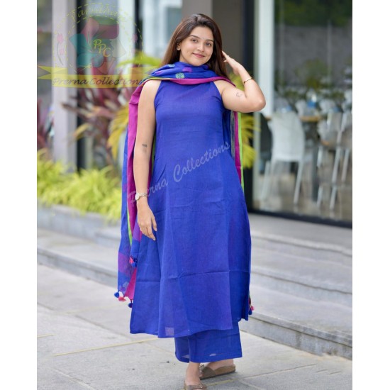 Royal Blue Handloom Kurta Set with Contrasting  Royal Blue Handloom Kurta Set with Contrasting