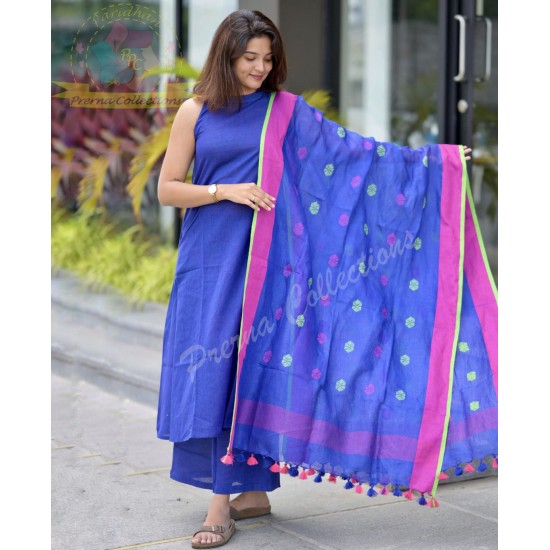 Royal Blue Handloom Kurta Set with Contrasting  Royal Blue Handloom Kurta Set with Contrasting
