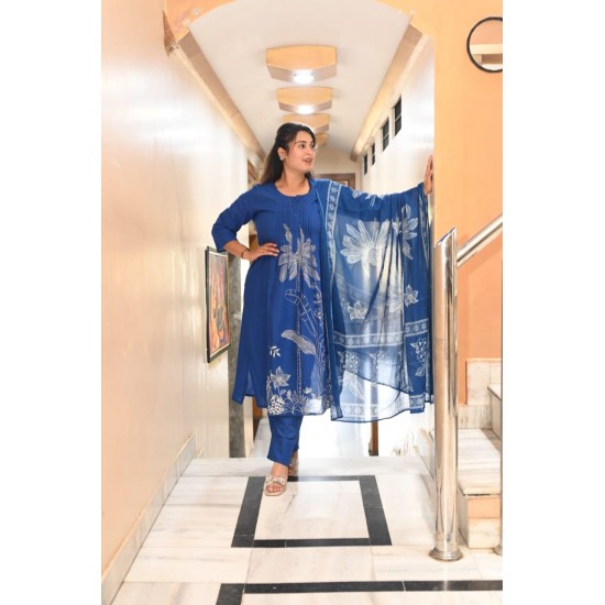 Royal Blue Bloom Handblock Suit Set