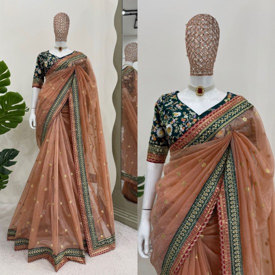 "Rusty Regal Net Saree with Embroidered Bangalori Blouse"