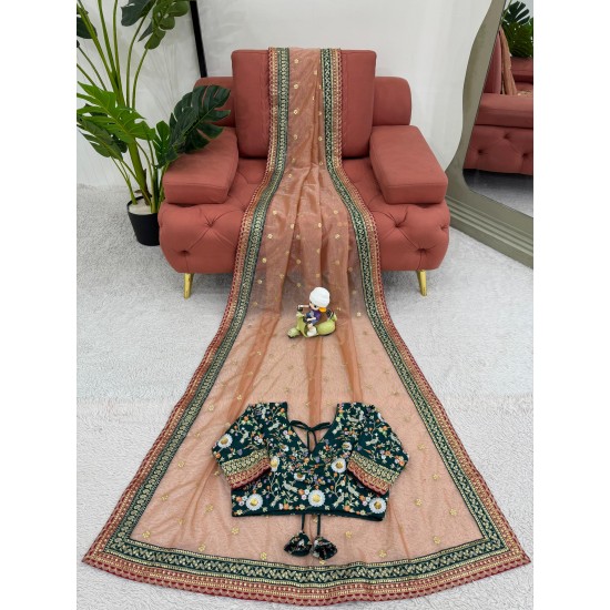 "Rusty Regal Net Saree with Embroidered Bangalori Blouse"