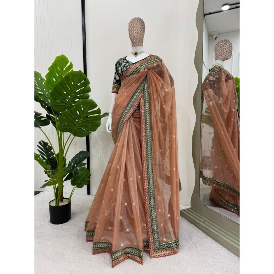 "Rusty Regal Net Saree with Embroidered Bangalori Blouse"